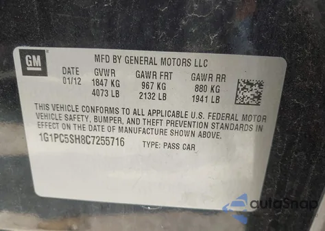 2012 Chevrolet Cruze Ls z USA, uszkodzony, nr VIN 1G1PC5SH8C7255716